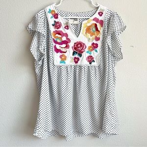 Savanna Jane Polka Dot Top Embroidered Flowers Ruffle Sleeve Boxy Fit Boho